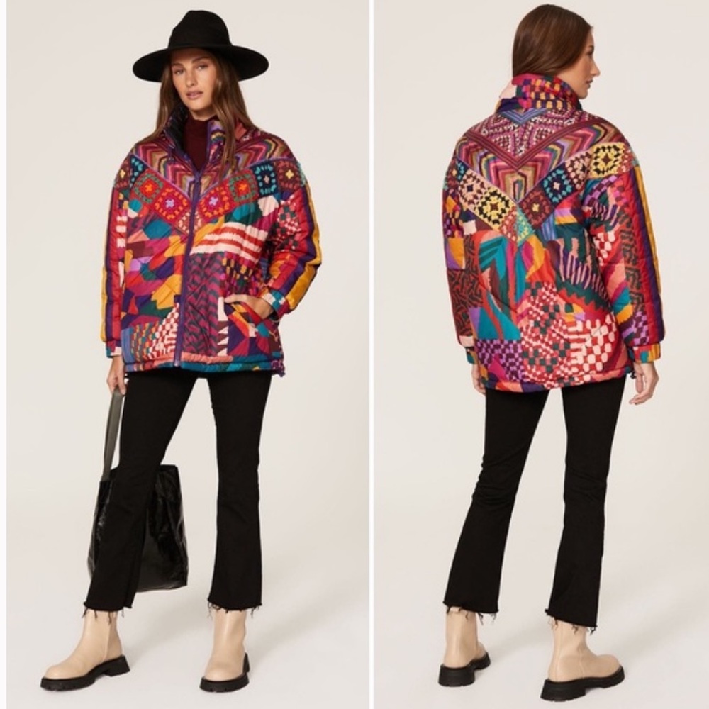 FARM RIO Patchwork Geometric Reversible Multicolor Puffer Jacket